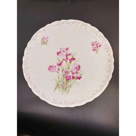 Antique Weimar Floral Porcelain Plate Germany Pink Irises Gold Scalloped 12 Inc - Picture 2 of 9